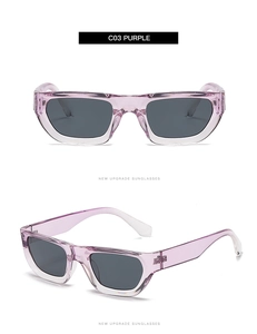 Detail view of purple transparent square sunglasses with sleek integrated nose pads