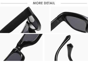 Detailed views of sunglasses featuring sturdy metal hinges and integrated nose pads