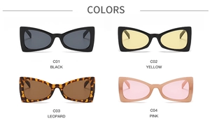 Cat eye sunglasses color palette including black, yellow, leopard, and pink variants