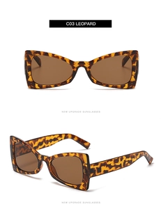 Detail view of leopard print cat eye sunglasses with brown lenses from multiple angles