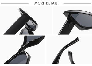 Detailed views of triangular cat-eye sunglasses hinge and polished black frame texture