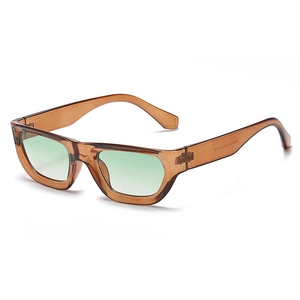 Retro small square sunglasses with translucent brown frames and green gradient lenses