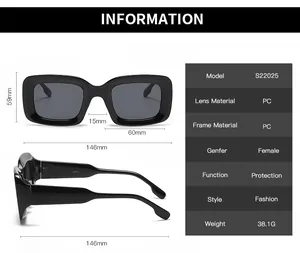 Detailed size chart for square fashion sunglasses with precise frame measurements