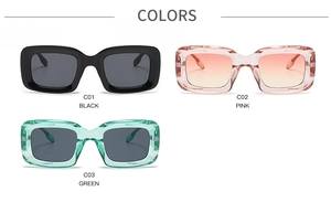 Three-frame view of rectangle bold sunglasses in black, gradient pink, and clear green