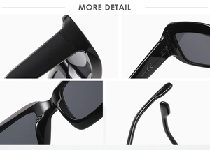 Detailed views of thick black square sunglasses featuring durable hinges and CE marking