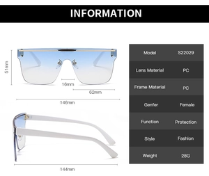 Spécifications techniques détaillées des lunettes de soleil carrées à dégradé bleu