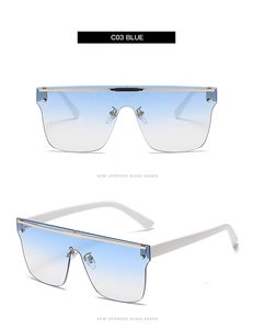 Détail de lunettes de soleil carrées dégradé bleu avec branches blanches et barre dorée