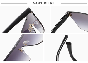 Détail de lunettes de soleil oversize dégradées violettes avec charnières renforcées