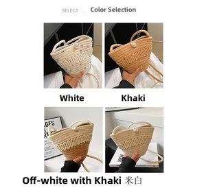 Detailed grid view of mini woven bucket bags with large pearl closure in four colors