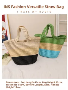 Detail view of woven straw tote bags showing dimensions 43cm width and striped texture