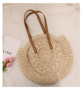 Vue détaillée d'un sac rond en paille tressée avec motifs ajourés et anses en cuir