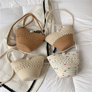 Handmade Woven Crossbody Bag With Artificial Pearl Button Decoration Mini Phone Purse Hollow Straw Style Summer Beach Casual For Women