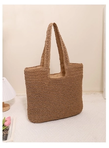 Detail of large woven straw tote bag in brown with natural texture for beach holidays