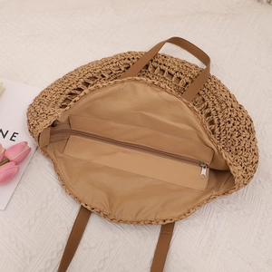 Sac en paille tissé rond à poignées en cuir avec fermeture éclair pour vacances à la plage