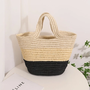 Chic beige and black woven straw tote bag for summer beach holidays and daily leisure