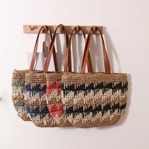 Woven Tote Bag Large Capacity Straw Handbag Contrast Color Stripe Beach Holiday Casual Style With Leather Handles Women