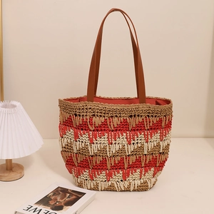 Bohemian wave pattern straw tote bag with red stripes and brown leather handles