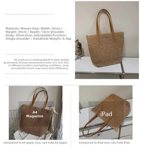 Detail showing dimensions 42x34x13cm of this straw woven tote bag for beach travel