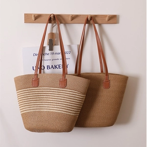 Dames Gestreept Stro Geweven Tote Bag Grote Capaciteit Zomer Strand Schoudertas Casual Stro Handtas Met Kunstlederen Handvatten