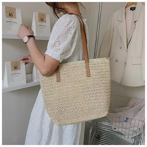 Detailed view of the hollow weave pattern on a large capacity straw tote bag