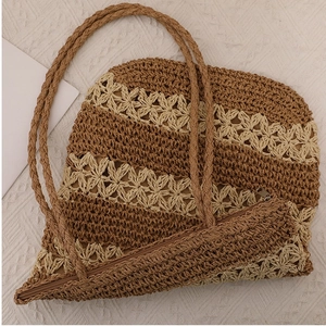 French striped hollow straw tote bag with floral crochet pattern for summer beach vacations