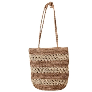 Handmade straw tote bag with brown stripes and floral hollow patterns for summer beach
