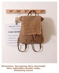 Detail of straw backpack with brown leather straps, size 30cm wide and 38cm high