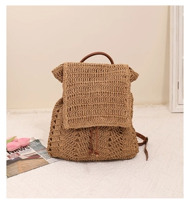 Detailed view of hollow out straw backpack with leather straps and drawstring closure