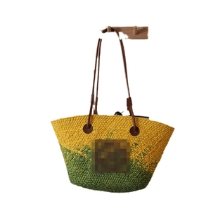 Sac cabas tissé en paille style peinture à l'huile avec dégradé jaune vert et anses cuir