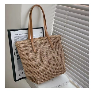 Straw Woven Tote Bag Large Capacity Paper Handwoven Shoulder Purse For Summer Beach Vacation Women Zipper Closure