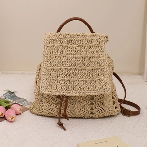 Straw Woven Backpack Crochet Hollow Out Beach Summer Bag With Leather Straps Drawstring Closure Bohemian Style