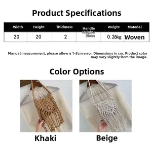 Detail view of handmade woven crossbody bag with hollow tassels and size specifications