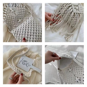 Detail shots of bohemian macramé bag showing woven texture, long tassels and inner lining
