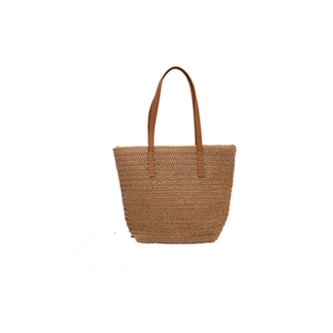 Large capacity beige straw tote bag with brown leather handles for summer beach vacations