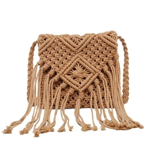 Handmade bohemian cotton crochet crossbody bag with tassel fringe and diamond patterns