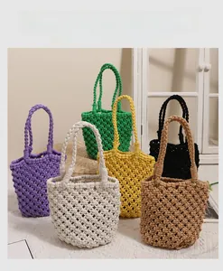 Detailed grid showing woven cotton handbags in purple, cream, green, and neutral tones