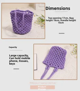 Detail view of purple woven cotton bucket bag showing mesh texture and dimensions