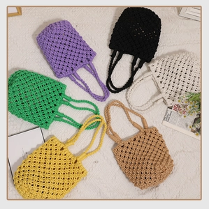 Detailed top view of handmade crochet beach bags in six colors with hollow mesh design
