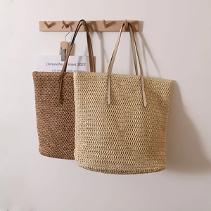 Minimalist Large Capacity Straw Woven Tote Bag Paper Fiber Material Faux Leather Handle Summer Beach Shoulder Bag Women