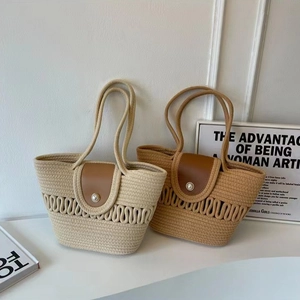 Vrouwen Handgeweven Katoenen Touw Schoudertas Met PU Leren Flap Parelknoop Hol Golfpatroon Strand Vakantie Tote Tas