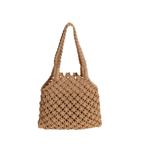Handwoven hollow cotton rope tote bag in khaki brown for summer beach vacations