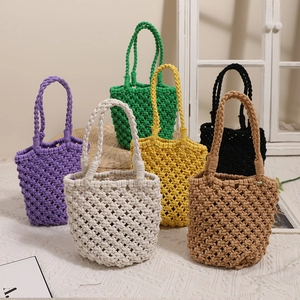 Woven Bucket Bag Handmade Cotton Rope Hollow Out Net Handbag For Summer Beach Vacation Bohemian Style Women