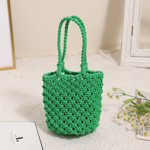 Minimalist green cotton woven hollow out beach handbag with stylish round handle