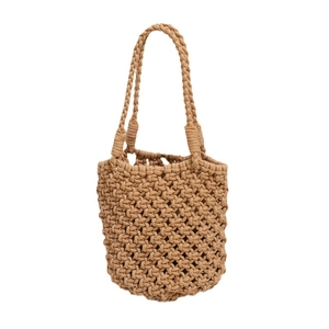 Bohemian hollow out woven macrame bucket bag for beach vacation in natural khaki color