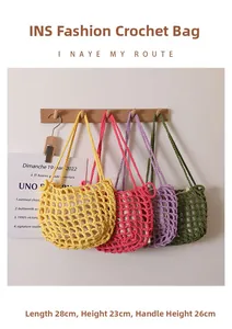 Detailed size specifications for hollow mesh woven beach bags in multiple colors