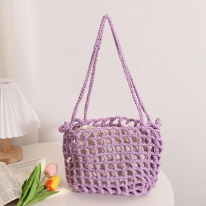Fashionable purple hollow mesh woven cotton shoulder bag with drawstring inner pouch