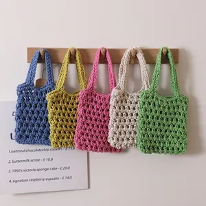 Women Handbag Cotton Cord Hand Woven Hollow Out Mesh Tote Summer Beach Vacation Boho Style Top Handle Bag