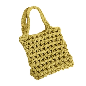 Handmade mustard yellow woven cotton mesh tote bag with minimalist openwork crochet pattern
