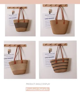 Detail showing four straw tote bag styles with leather straps and varied striped patterns