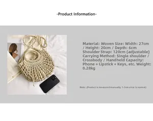 Semicircle straw bag detail showing 27cm width and adjustable 120cm strap parameters